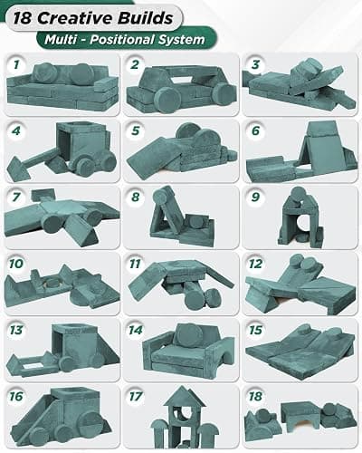 Lunix LX15 14pcs Modular Kids Play Couch, Design-Patent Child Sectional Sofa, Fort-Play Bedroom Playroom Furniture for Toddlers, Convertible Foam, Washable Covers, Oeko-TEX & CertiPUR-US, Sage Teal thumbnail 7