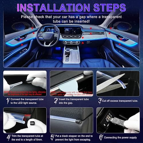 LivTee Smart LED Car Lights Interior with USB Port, LED Strip Fiber Optic Ambient Lighting Car, Wireless App Control, Sync to Music, Car Decorations Interior Accessories Gifts for Women Men, 6 in 1 thumbnail 5