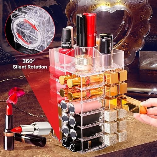 FODIENS Acrylic Lipstick Tower, Rotating Lipstick Organizer with 53 Slots | 360-Degree Rotating Makeup Cosmetic Lipstick Holder, Clear Spinning Lipgloss Storage Display Stand thumbnail 7