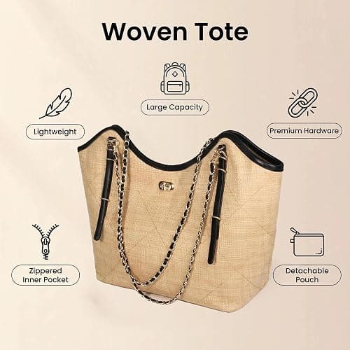 Eiyye Woven Tote Bag for Women Raffia-Style Shoulder Purse Summer Bag | Raffia-style woven look large tote matching pouch black trim thumbnail 6
