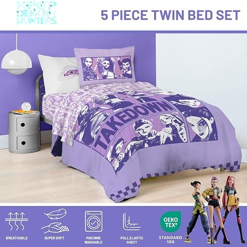 KPOP Demon Hunters Twin Comforter Set 5 Piece Kids Cartoon Bedding, Purple | Bed in a Bag, Comforter Sheets Sham Pillowcase, Official Brand, Soft Microfiber, Machine Washable, Easy Care, Girls Gift thumbnail 4