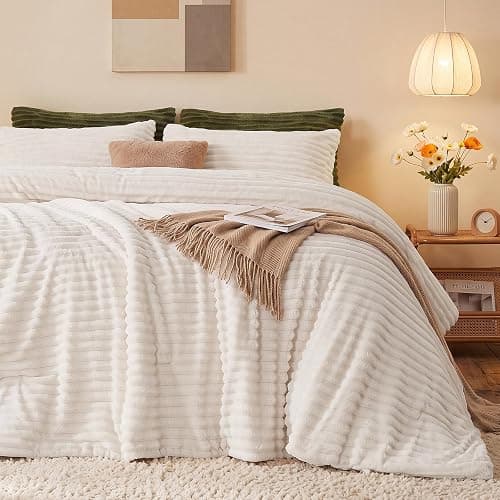 HYLEORY Fluffy Queen Comforter Set 3 Pieces - Fleece Fluffy Soft & Warm Plush Cream White Comforter Sets, Luxury Fuzzy Bedding Sets, All Season Heavy Bed Set Queen Size with 2 Pillowcases - Image 1