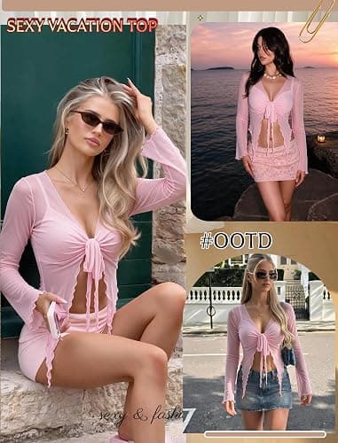 Avidlove Women Mesh Crop Top Y2K Tie Front Tops Rave Top Sheer Cardigan | Plunge tie front top, lettuce trim edge, flared cuff sleeve, soft sheer mesh, chic edgy look, rave club party vacation outfit thumbnail 4