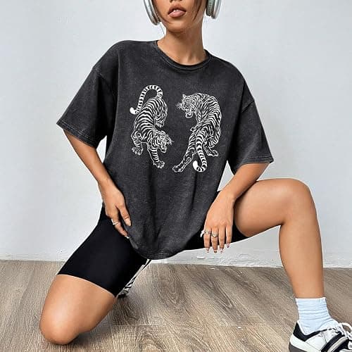 Weetiotio Tiger Graphic Tees Shirt for Women Oversized Streetwear Shirts Acid Wash Tshirt Tigers Print Cotton Summer Tops thumbnail 5