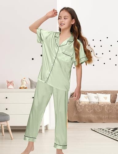 ALHAVONE Silk Pajamas for Girls Satin Pajama Kids 3 Pieces Short Sleeve Girl Button-down Pjs Shorts Pants Sleepwear thumbnail 2