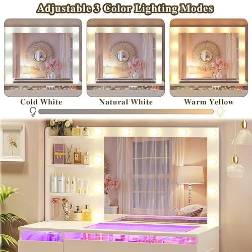 HUAHUU Vanity Desk with Lighted Mirror & Transparent Top, Makeup Vanity Desk with 4 Transparent Drawers and RGB Lighting, Built-in Power Outlet, 3-Tier Side Shelves & Storage Organizer for Bedroom thumbnail 5