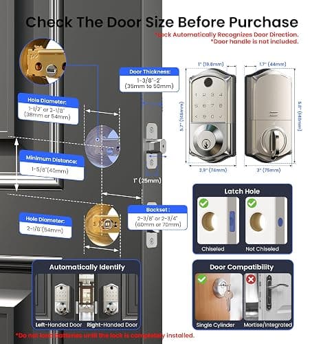 Veise VE017 Fingerprint Smart Door Lock, App Control, 8-in-1 Keyless Entry, Auto Lock, Emergency Power Port, Electronic Touchscreen Keypad, Biometric Smart Locks for Front Door, Satin Nickel thumbnail 9