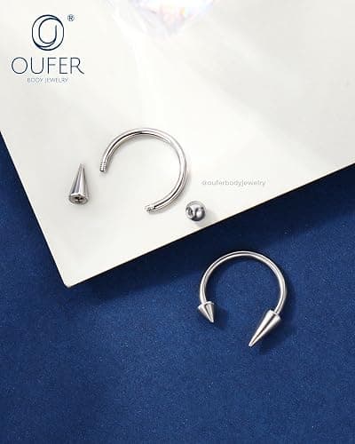 OUFER Snake Bites Lip Piercing Jewelry 16G Lip Rings, 6PCS 8/10/12MM Horseshoe Long Short Spike/Ball Labret Rings, 316L Surgical Steel Septum Helix Conch Piercing Jewelry thumbnail 5