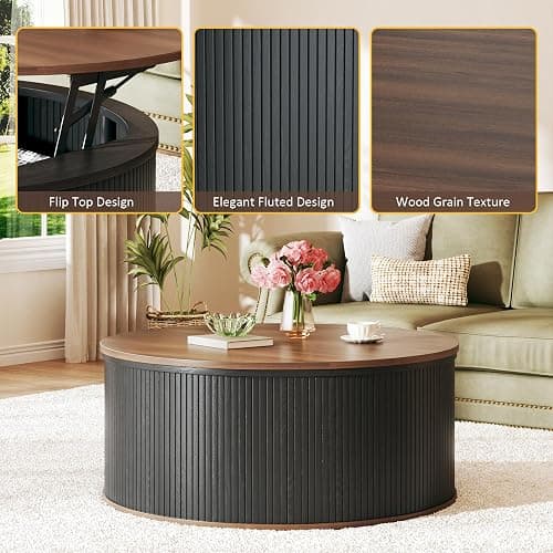 HUAHUU Round Coffee Table with Storage, 31.5" Lift Top Coffee Table, Mid Century Modern Coffee Tables for Living Room, Apartment Office, Fluted Table with Rustic Wood Desktop thumbnail 3