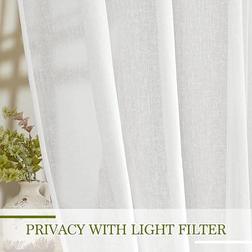 NICETOWN White Linen Sheer 120 inch Curtains for Living Room, Rod Pocket & Back Tab Semi Sheer Window Treatment Privacy with Light Filtering for Farmhouse/Bedroom, W52 x L120, 2 Panels thumbnail 7