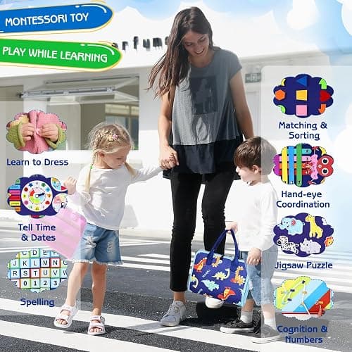 Esjay Toddler Busy Board Montessori Toys for Boys, Sensory Board Educational Activities for Learning Fine Motor Skills, Birthday Gifts for Boys Toddlers, Travel Toys for Airplane Car, Blue Dinosaur thumbnail 6