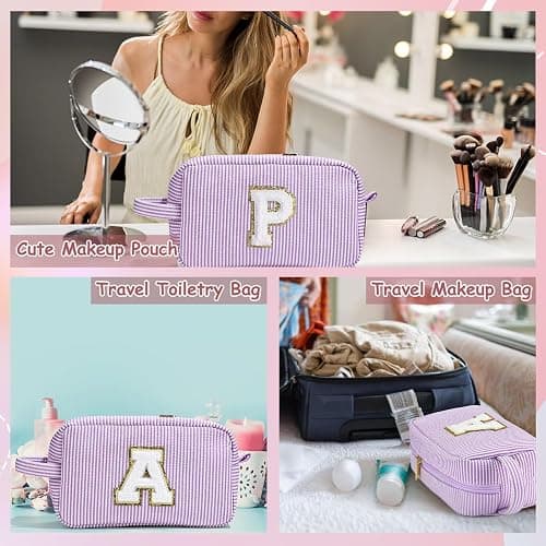YOOLIFE Gifts for Women Teen Girls - Initial Makeup Bag Cosmetic Bag Toiletry Pouch, Personalized Birthday Gifts for Women Girls Mom Daughter Sister Friends, Purple A thumbnail 3