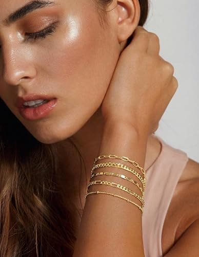 Gokeey Gold Bracelets Set for Women Non Tarnish Trendy,14K Gold Plated Dainty Stackable Paperclip Cuban Link Chain Bracelets, Simple Cute Cuff Bracelets Jewelry Set Adjustable 7"+2" thumbnail 3
