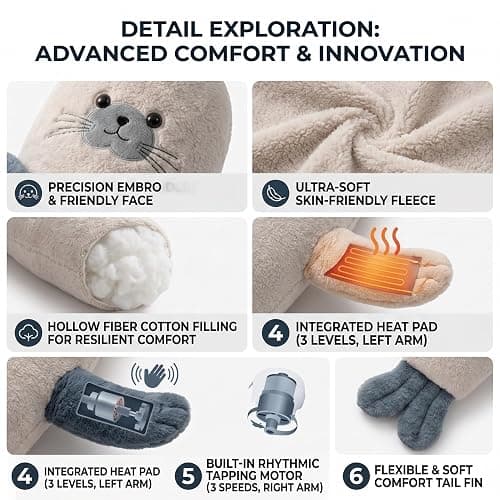 Nadier Shop Voice Recording Hugging Pillow with Heat and Tapping, Plush Comfort Companion for Adults, Emotional Support Sleep Aid Buddy with Remote Control(Seal,PATTING+Heat_Large) thumbnail 5