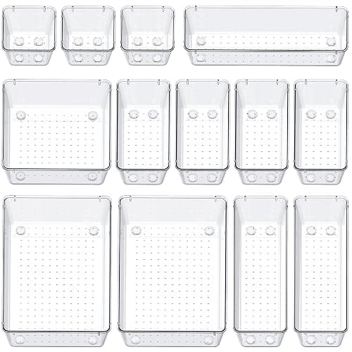 SMARTAKE 13-Piece Drawer Organizers with Non-Slip Silicone Pads, 5-Size Desk Bathroom Drawer Organizer Trays Storage Tray for Makeup, Jewelries, Utensils in Bedroom Dresser, Office and Kitchen, Clear thumbnail 9