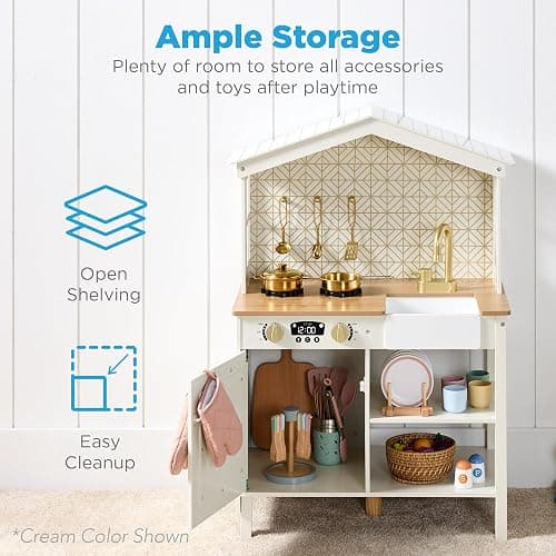 Best Choice Products Pretend Play Wooden Farmhouse Kitchen Set for Kids w/Toy Storage, Clicking Knobs, Windows, 5 Accessories Included - Ocean thumbnail 4