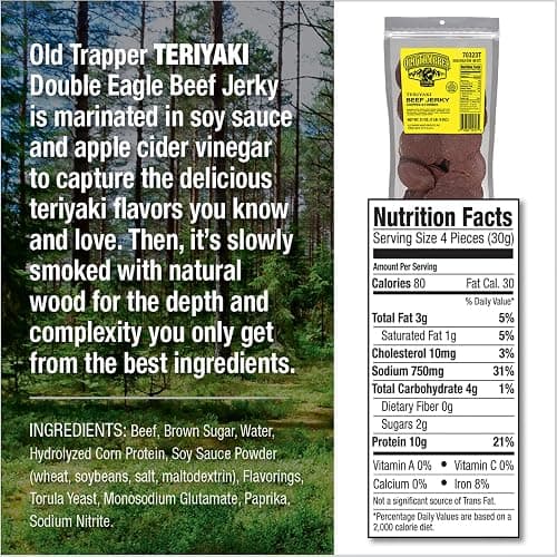 Old Trapper Double Eagle Beef Jerky, Teriyaki Flavor, 21 Ounce Package, Natural Wood Smoked Meat Snacks, 10 Grams of Protein and 80 Calories per Serving (Pack of One) thumbnail 2