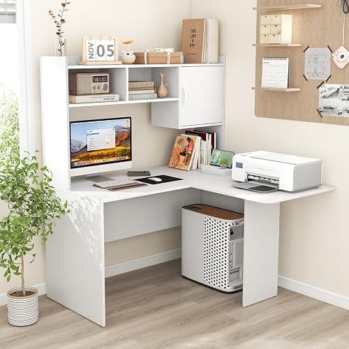 Giantex L Shaped Desk with Hutch, White Corner Desk with Storage Shelf & Cabinet, Laptop PC Table Gaming Computer Table Workstation, Modern Executive Study Writing Desk for Home Office, Bedroom thumbnail 2