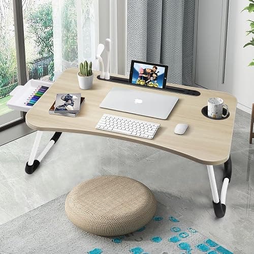Slendor Lap Desk with Tablet Slot, Foldable Laptop Table with Storage Drawer，Portable Bed Desk for Laptop, Computer Tray with Cup Holder Notebook Stand Reading Holder for Couch Floor, White Maple thumbnail 5