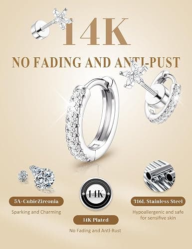 Hypoallergenic Gold Stud Earrings for Women - 14k Gold Plated Surgical Stainless Steel Flat back Earrings Set Small Huggie Hoop Flatback Earring for Sensitive Ears Screw Back Cartilage Piercing Jewelry thumbnail 4
