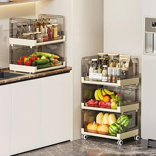 VECELO 3-Tier Fruit and Vegetable Basket, Stackable Kitchen Storage Organization with Wheels, Plastic Rolling Cart with Handles, Wide Open for Kitchen, Pantry, Living Room thumbnail 2