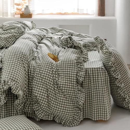 mixinni Green Ruffle Duvet Cover King Size 3 Pieces – 100% Washed Cotton, Vintage Plaid Ruffled Bedding Set with Zipper Ties, Soft Checkered Grid Farmhouse Chic Comforter Cover Set thumbnail 6