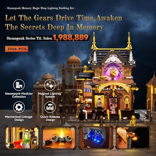 Lumibricks Steampunk Memory Magic Shop Lighting Building-Bricks Set, 2056 Pcs Modular Building from Chrono Custodians Collection Display Set for Adults and Steampunk Lovers thumbnail 3