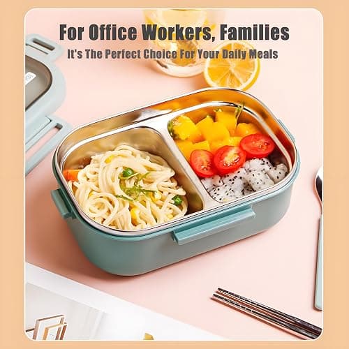 Ausenzup Stainless Steel Lunch Box, 2 Compartment Bento Box for Adults, Easy to Clean, Leak-Proof Design, Food Storage Container with Tableware for Family, Work, Picnics and Travel(850ml, Green) thumbnail 6