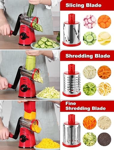 Geedel Rotary Cheese Grater Cheese Shredder - Upgraded 5-in-1 Cheese Grater with Handle and Strong Suction Base, Multi-purpose Vegetable Slicer Ice Shaver Nuts Grinder for Ice, Vegetables, Fruit, Nuts thumbnail 5