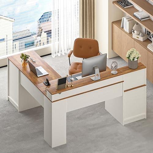 YOMILUVE 63" Farmhouse L Shaped Executive Desk with Drawers & Storage Shelf, Corner Computer Desk with Power Outlets, L Shaped Office Desk with Monitor Stand, Printer Shelf, Antique White thumbnail 9