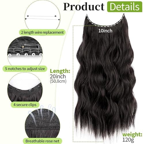 KooKaStyle Invisible Wire Hair Extensions with Transparent Wire Adjustable Size 4 Secure Clips Long Wavy Secret Synthetic Hairpiece 20 Inch 120g Rich Dark Brown with Warm Tones for Women thumbnail 2