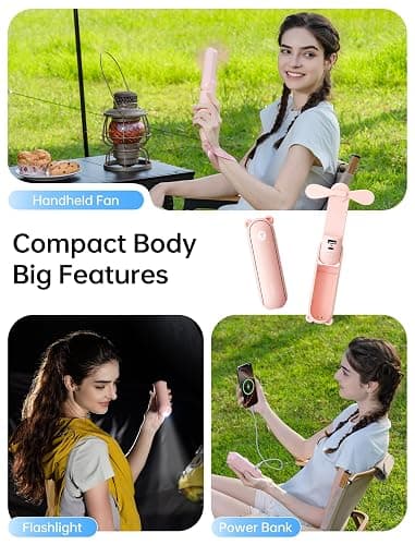JISULIFE Handheld Fan with 4500 mAh Powerbank Max 37 Hours Runtime, Pocket Portable Battery Operated or USB Powered Folding Personal Fan, 3 Speeds, Gifts for Women Men Kids Gift for Festival-Pink thumbnail 2