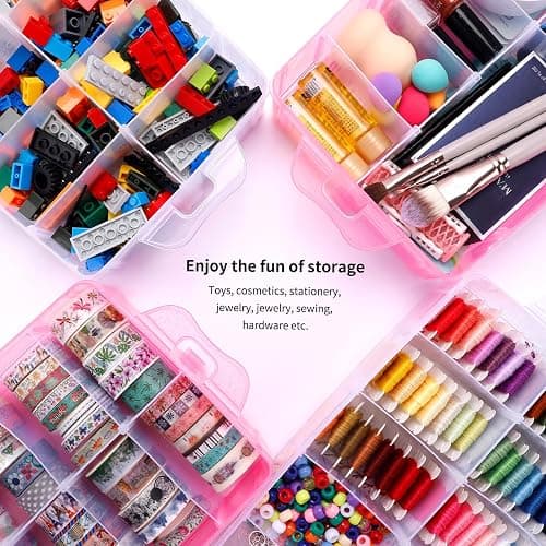 SGHUO 3-Tier Pink Craft Storage Container, Stackable Organizer Box with Dividers for Art Supplies, Beads, Washi Tapes, Seed, Hair Accessories, Nail, 9.5X6.5X7.2in thumbnail 5
