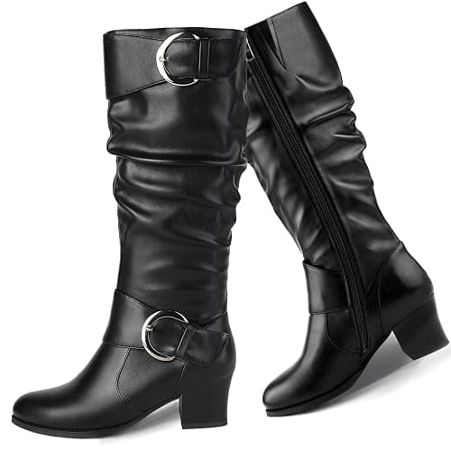 Pixoecuty Riding Boots Women Knee High Slouch Round Toe Buckle Victorian Tall Boots Block Mid Heel Knee-High Boots - Image 1