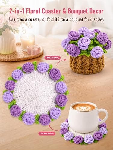 KQJS Crochet Flower Bouquet Coasters, Cotton Rose Gifts for Home Decor 1Pc | Purple Flower Blanket Bouquet Decorations for Living Room Desk, Cute Gifts for Mothers Day, Birthday, Christmas, Thank You thumbnail 6