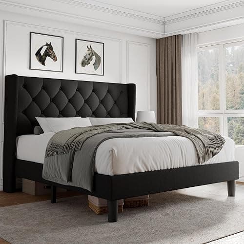 iPormis Full Size Platform Bed Frame with Button Tufted Headboard, Upholstered Bed Frame with Solid Wooden Slats, 8" Underbed Space, No Box Spring Needed, Noise Free, Easy Assembly, Black - Image 1