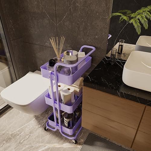 Mzzelry Metal Rolling Storage Cart, 3-Tier Utility Cart with Wheels, Multifunctional Organizer Storage for Kitchen, Bedroom, Office, Laundry Room, Dorm Room Essentials (Purple) thumbnail 4