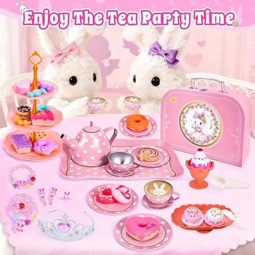 Hohosunlar Tea Party Set for Little Girls, Princess Tea Time Toy for Toddler, Tin Tea Set Include Tea Cups Teapot Dessert Kitchen Pretend Play with Carrying Case, Easter Birthday Gift for Kids Age 3-8 thumbnail 7