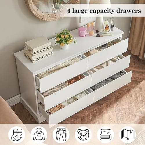 Alaxgumrol White Bedroom Dresser Modern 6 Drawers Dressers Wood Organizer Wide Dresser & Chest of Drawers Storage for Living Room, Entryway, Hallway - White - 15.7"D x 47.3"W x 27.6"H (6 Drawers) thumbnail 5