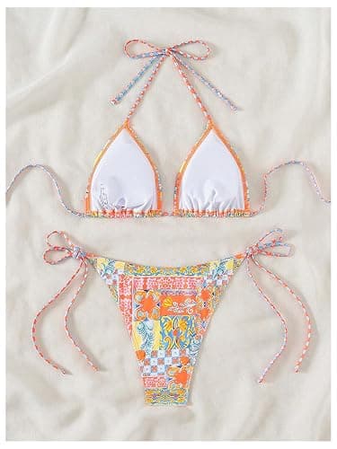 QJQ Women's 2 Piece Bikini Sets Floral Boho Halter Triangle Bathing Suit Tie Side Sexy Cheeky String Swimsuit thumbnail 3