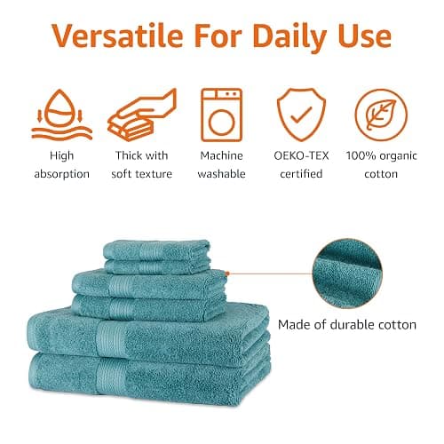 Amazon Basics Fade Resistant Bath, Hand and Washcloth Towel Set, 100% Cotton, Set of 6, Teal Green thumbnail 4