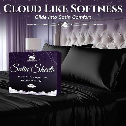 SLEEP SANCTUARY Satin Sheets King Size – 4 Piece Luxury Silky Bed Set, Softer Than Silk, 15" Deep Pocket, Cooling & Wrinkle-Free, Moisture-Wicking & Breathable for Hair & Skin (Black) thumbnail 3