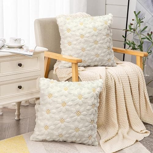 MEIVINES Cream White Cushion Covers Set of 2 Spring Summer Cushion Covers 45 x 45 Sunflowers Faux Fur Decorative Pillow Case Cover for Living Room Bed Sofa thumbnail 5