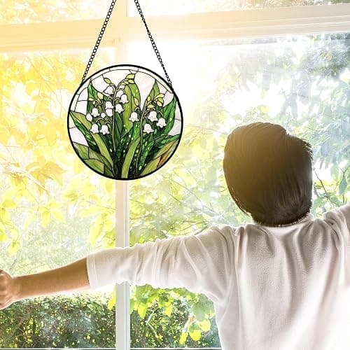 DASTOLL Stained Glass Window Hanging, Lily of The Valley Flower Sun Catchers Colorful Glass Panel Green Plants Suncatcher Decor for Birthday for Women,Men,Wife, Lovers, and Mom 6.3 in - Green - 6.3x6.3 IN thumbnail 4