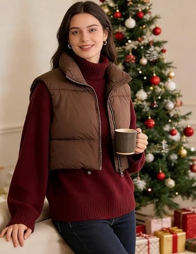 Shiyifa Women's Fashion High Neck Zipper Cropped Puffer Vest Jacket Coat thumbnail 6