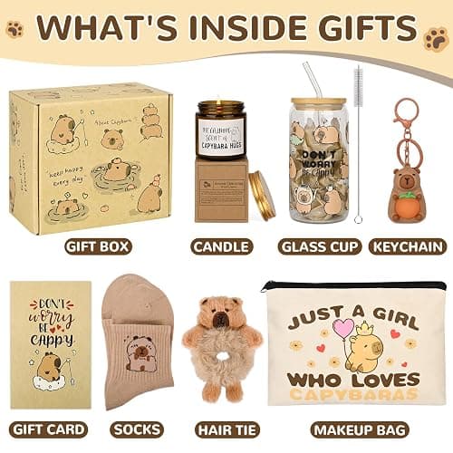 Bayelove Capybara Gifts for Women Capybara Stuff with Glass Cup Makeup Bag Sock Hair Bands Capybara Keychain and Gift Cards Gift for Capybara Lover thumbnail 3