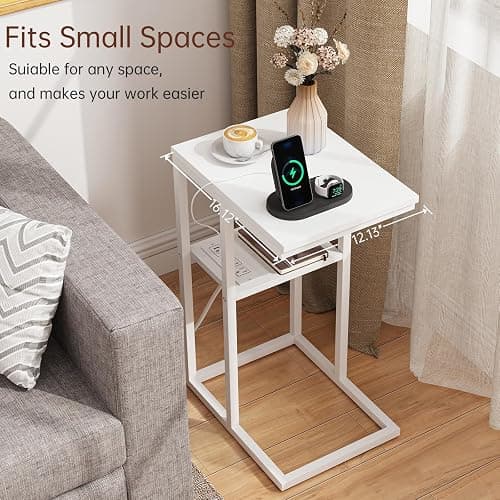 Vagusicc C Shaped End Table with Charging Station, Small Side Table for Couch, Snack Side Table with USB Ports and Outlets for Small Spaces, Slide Under Sofa Table TV Tray Arm C Table for Living Room thumbnail 4