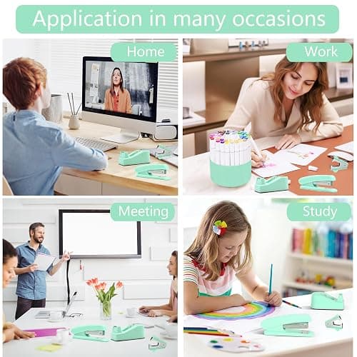 Dimonluce Green Office Supplies, Teal Desk Accessories Accessories with Tape Dispenser, Stapler, Staple Remover, 1000 Staples, Tape, Clips Set, Ruler, Scissor, Pen thumbnail 6