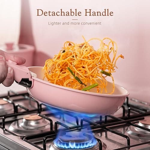 Astercook 21 Pcs Pots and Pans Non Stick Ceramic Cookware Set, Detachable Handles, RV Kitchen Cooking Set, Oven Safe, Induction Ready, Stackable, Pink thumbnail 4