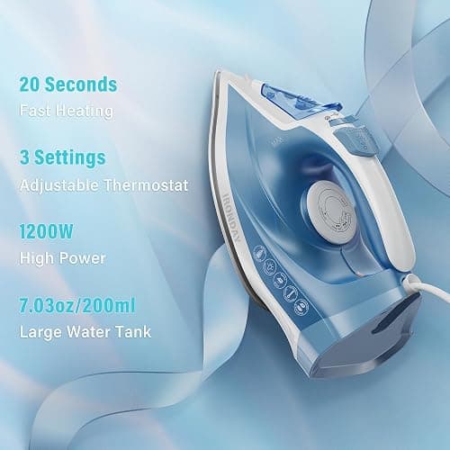 IRONDAY Steam Iron for Clothes Fast Heating, 1200W Iron with Non-Stick Ceramic Soleplate, Self-Cleaning, Burst of Steam, Spray Mist, 7.03oz Water Tank Ironing Clothes for Home, Blue thumbnail 3